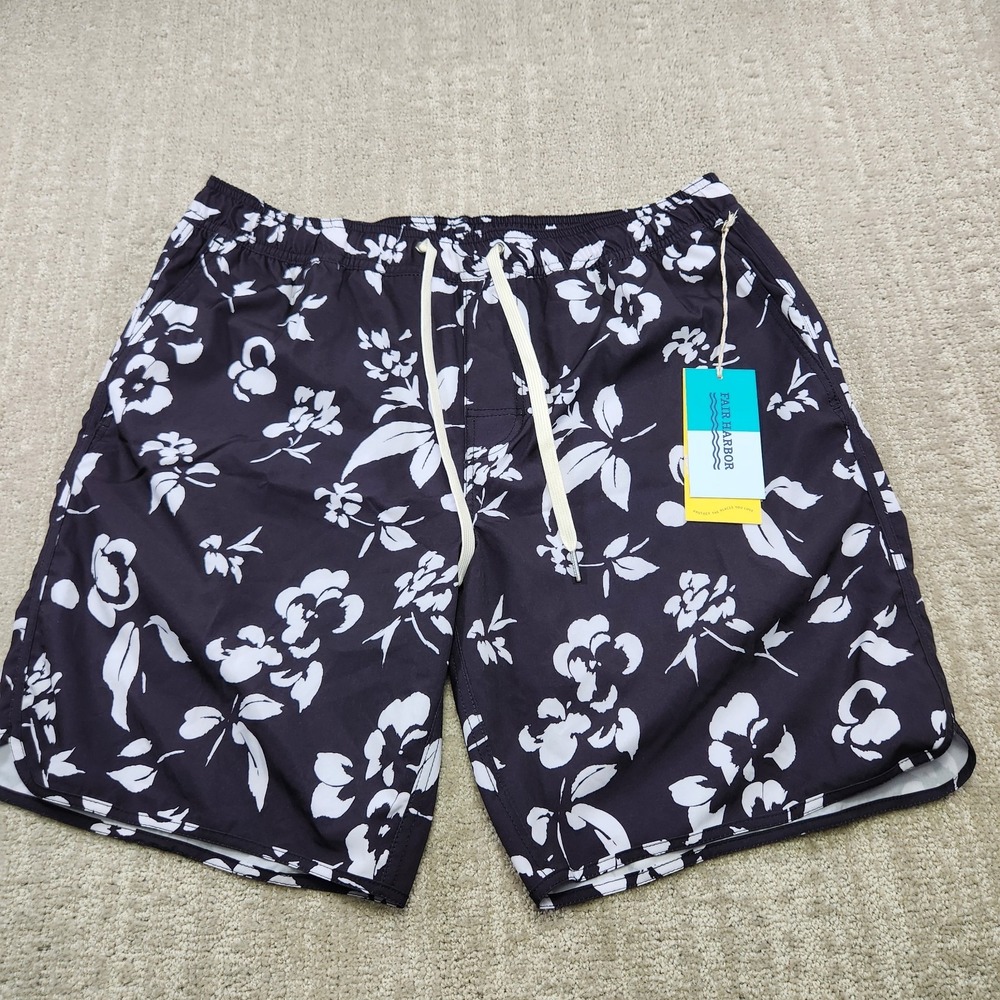 Fair Harbor Shorts Men Large Black Floral Mastos Swim Trunks 2 In 1 Lined NEW